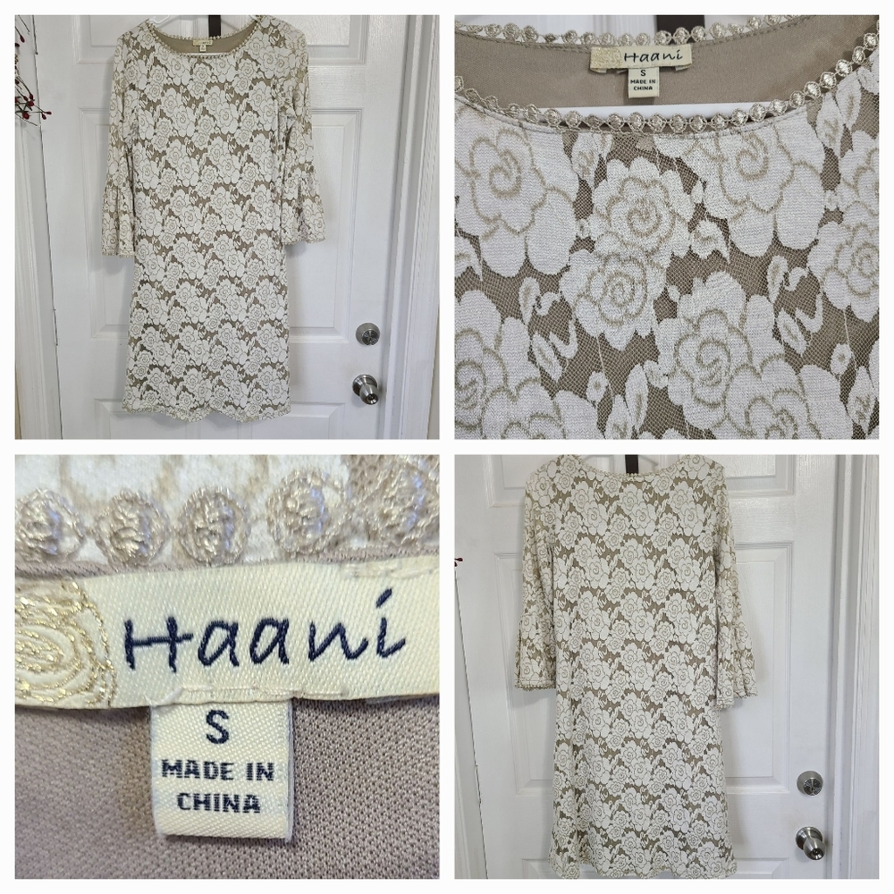 (1324) Haani Woman's Mini Dress, Size: Small Color: Tan/White Flower Lace